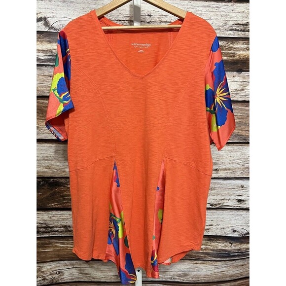 Soft Surroundings Shirt Women’s  Large Orange Paradise Handkerchief Top Tropical - Picture 1 of 8